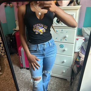 Black and purple San Francisco State University logo crop tank top